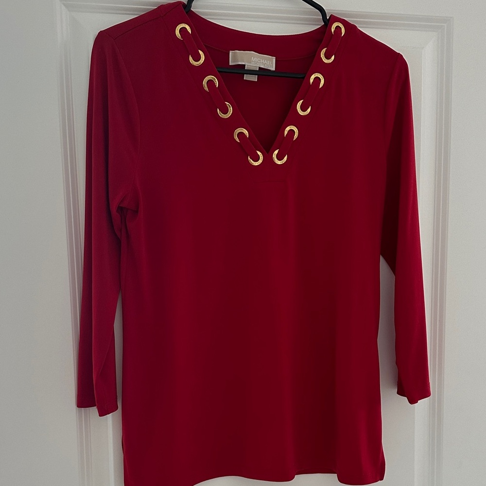 Michael Kors Red Blouse with Gold Eyelets
